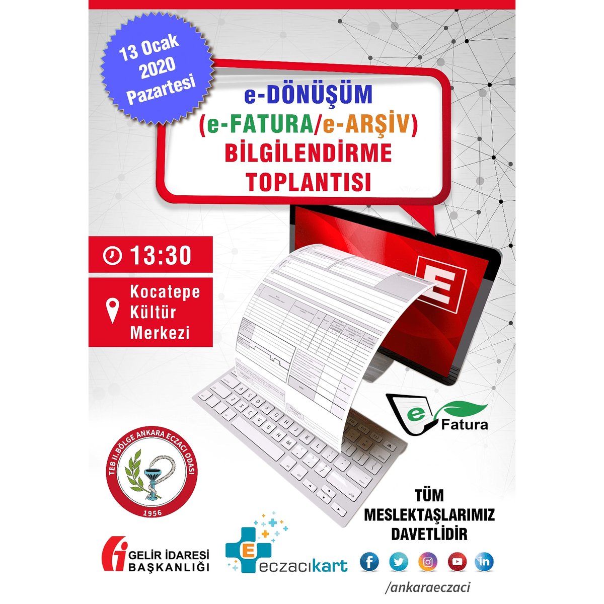 Ankara Eczacı Odası olarak 01.01.2020 tarihi itibariyle yürürlüğe giren E-Arşiv ve E-Fatura konuları hakkında meslektaşlarımızı bilgilendirmek amacıyla Gelirler İdaresi Başkanlığı'ndan yetkililerin de katılacağı bir toplantı düzenliyoruz. Tüm meslektaşlarımız davetlidir.