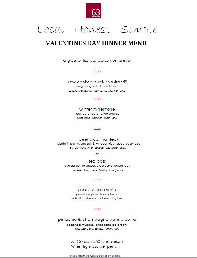 Our Valentines Menu is a recipe for love ❤

Valentines lunch or dinner on the 14th or 15th Feb

Enjoy a glass of fizz on arrival. 🥂

5 Course Lunch - £34  pp
Matching wine £20 pp

5 Course Dinner - £50 pp
Matching wine £28 pp

Call the restaurant to book on 01738 441451