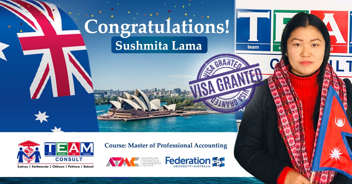 teamconsult_NP's tweet photo. Congratulations Miss Sushmita Lama for getting the visa of Australia and we wish you achieve all your goals and succeed in your upcoming endeavours. Thank you for trusting Team Consult.
#StudyinAustralia #teamconsult https://t.co/7PqEt0UGJI