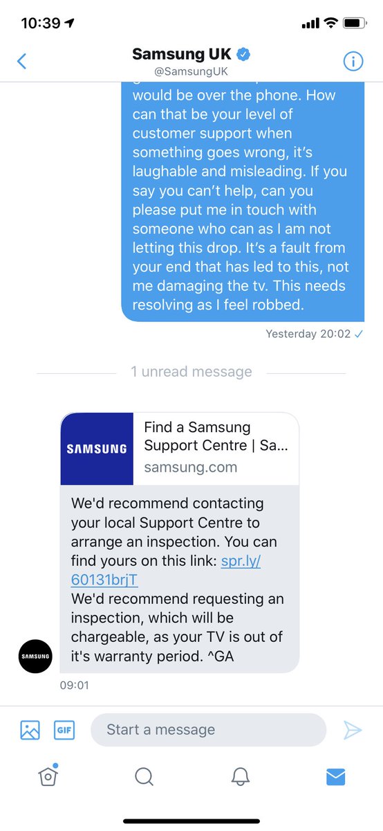 elbarnovic's tweet photo. @SamsungUK - completely unacceptable customer service from @SamsungTV @SamsungUK . They sell a faulty product and then expect their customers to pick up the cost for repair/replacement knowing full well it can’t be repaired https://t.co/64WLZsl3PN