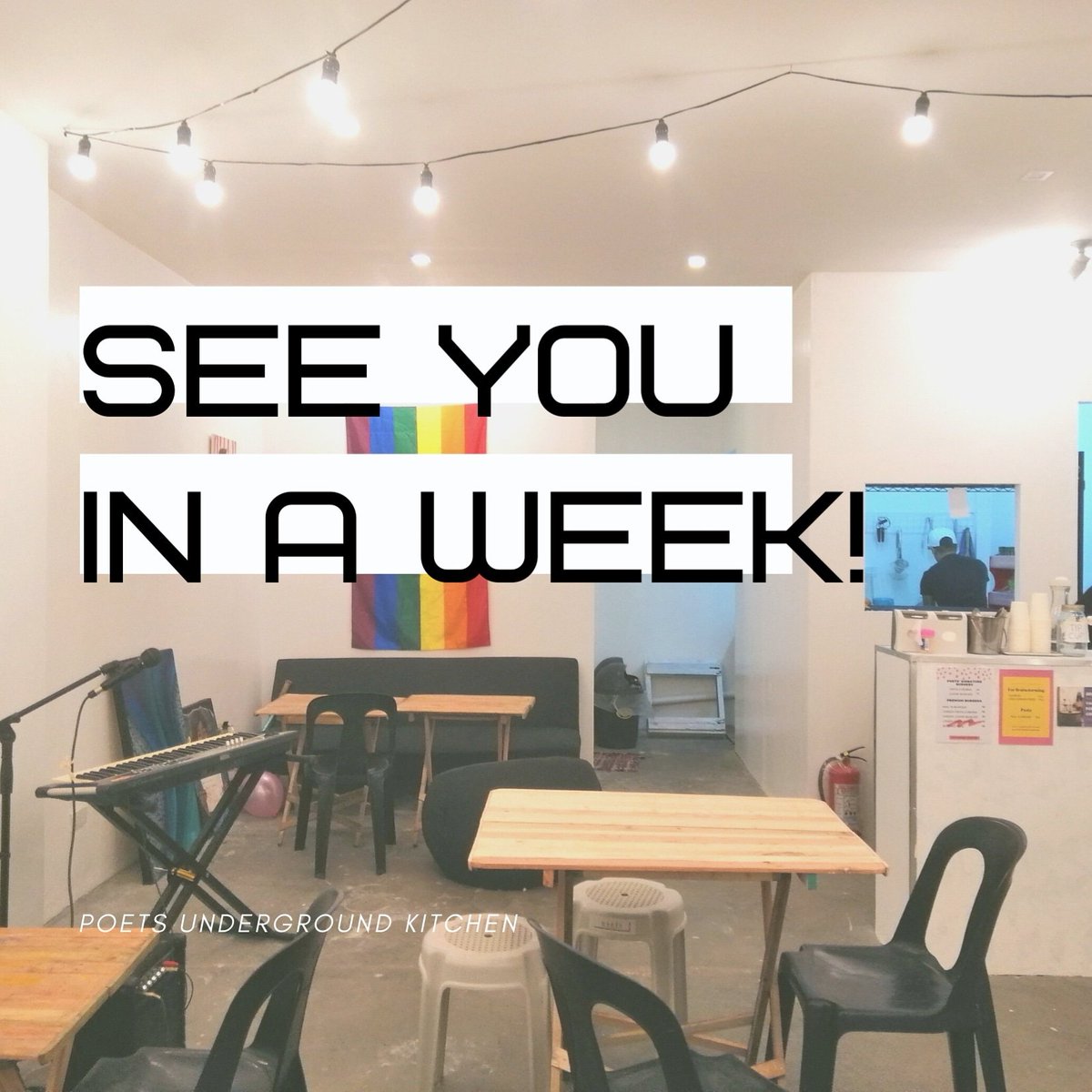 PoetsUnderKitch's tweet photo. Come and chill on our last day before Poets sets off to something fresher and out of the ordinary!✨

See you in a week good people! 👋

#PoetsUndergroundKitchen https://t.co/Yyfdc8gVOK