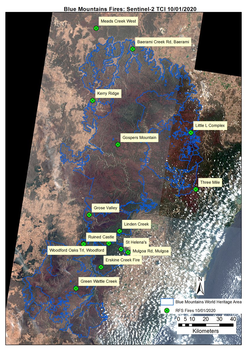 AarontheEcolog's tweet photo. #BlueMountainsFire from Sentinel-2 satellite imagery taken ~2:30am 10/01/2020. I've made both a short-wave infrared (SWIR) and true colour images (TCI). #AustraliaBurns https://t.co/TkjoQpWRDN