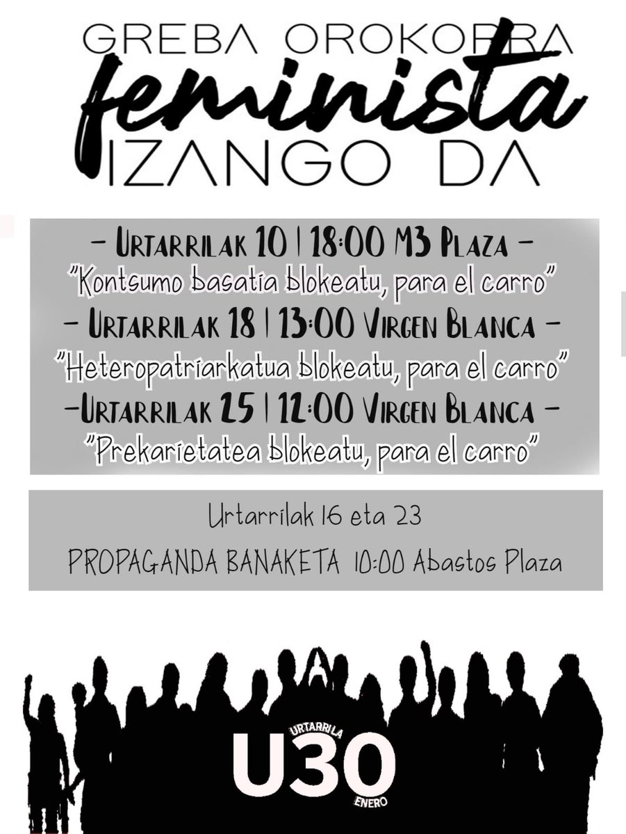 GREBA OROKORRA FEMINISTA IZANGO DA!

Gaur arratsaldetik hasita, batu Mugimendu Feministako kideok antolatutako ekimen eta deialdietara.

#U30GrebaOrokorra