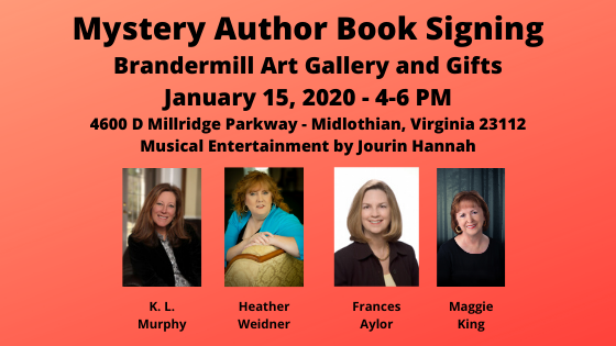 HeatherWeidner1's tweet photo. Stop in and see us. We'll be at the Brandermill Art Gallery and Gifts on 1/15 from 4-6 I'm signing books with @klmurphyauthor Frances Aylor, and @MaggieKingAuthr #authors #rva #brandermill #art #books #mysteries #authorsofTwitter @SINCnational @SinCCentralVA https://t.co/D269sjUttG