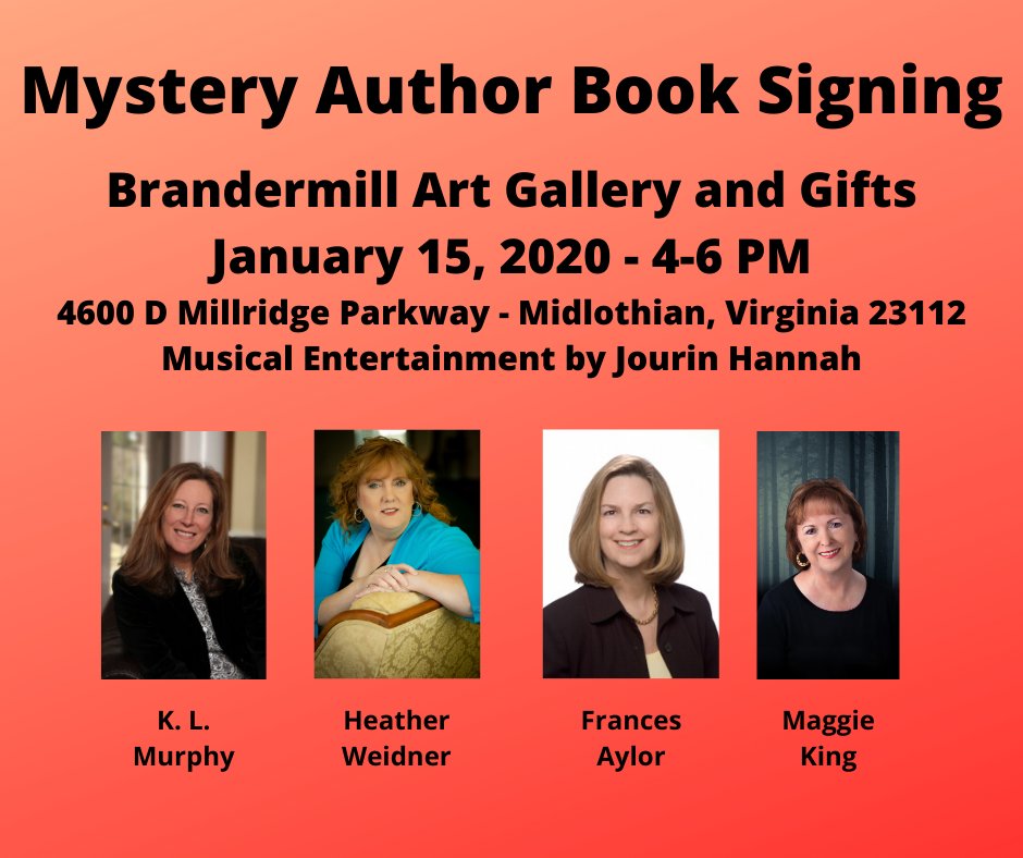 HeatherWeidner1's tweet photo. Stop in and see us. We'll be at the Brandermill Art Gallery and Gifts on 1/15 from 4-6 I'm signing books with @klmurphyauthor Frances Aylor, and @MaggieKingAuthr #authors #rva #brandermill #art #books #mysteries #authorsofTwitter @SINCnational @SinCCentralVA https://t.co/rLBtxcLaN0