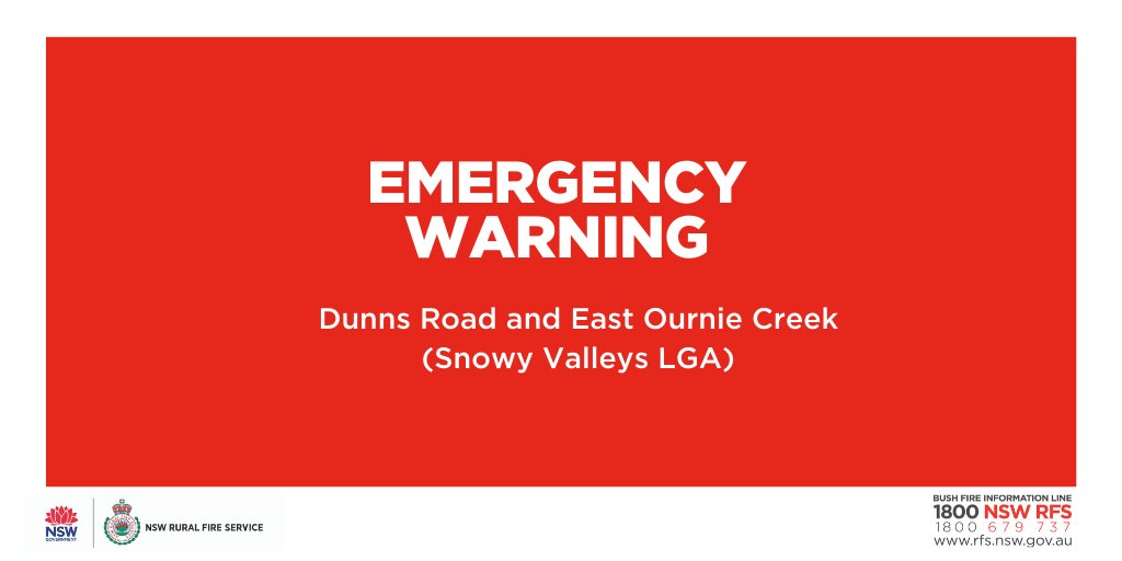 NSWRFS's tweet photo. EMERGENCY WARNING - Dunns Rd &amp; East Ournie Ck (Snowy Valleys LGA)
Strong winds &amp; erratic fire behaviour. Fire spreading quickly in Mt Adrah, Tumblong, Grahamstown &amp; Adelong areas. Seek shelter as the fire approaches. Protect yourself from the heat of the fire. #nswrfs #nswfires https://t.co/EHODK621Ez
