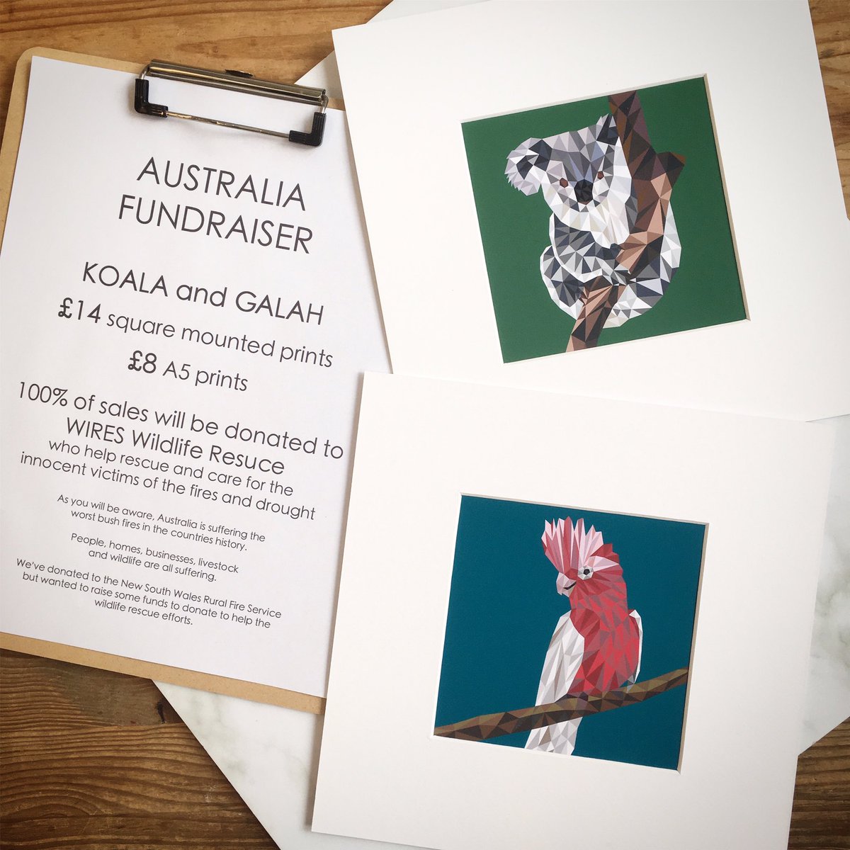 🙌🏻 Australia Fundraiser 🙌🏻
I’m sure you’ll have all seen the bushfires Australia have been battling for the last few months. 
We want to do our little bit to help. For a limited time 100% of sales from our Koala &amp; Galah prints will go directly to WIRES Wildlife Rescue