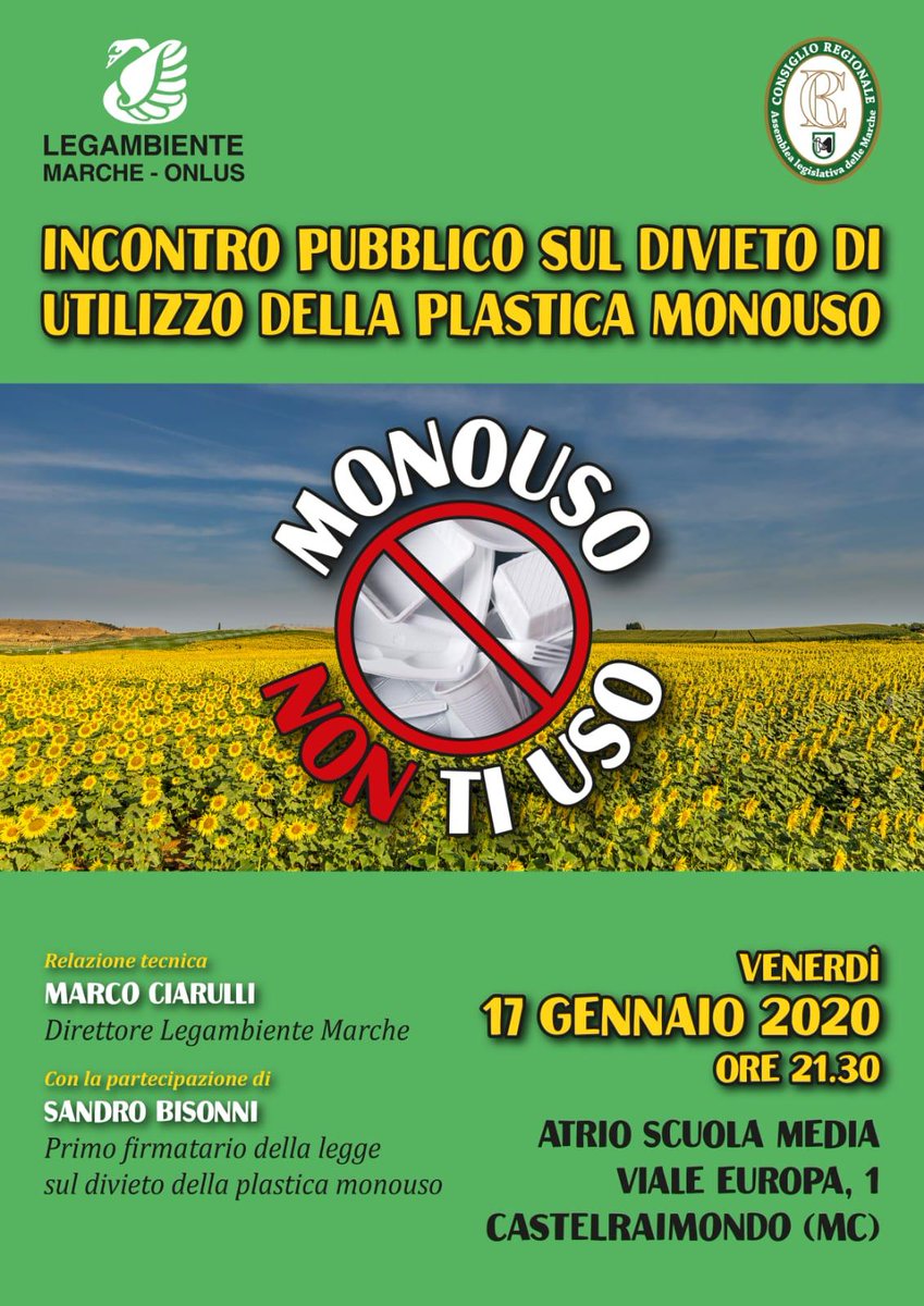 ☞VENERDÌ 17 GENNAIO 2020 - Castelraimondo (MC) ☜

Incontro informativo sulla legge per la #riduzione dell'utilizzo della plastica #monouso organizzato da Legambiente Marche Onlus.