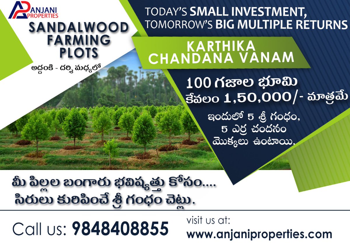 Anjani Properties Ready To Invest In Open Plots Forestry Sandalwood Plantation Horticultures Anjani Properties Real Estate Company Offers 100 Sq Yard Of Land For Rs 1 50 000 In Chandragiri Investing In This Farming Is Highly