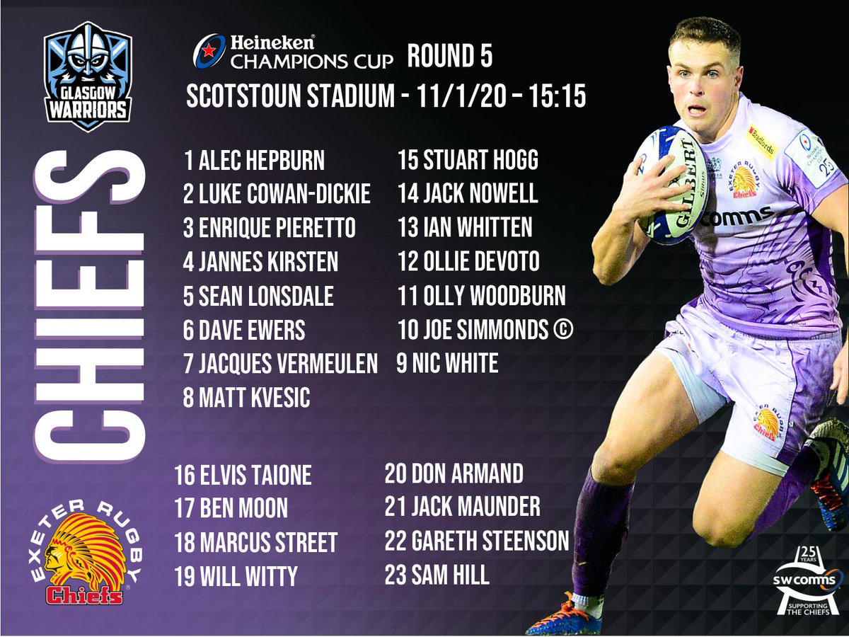 🏉 - TEAM NEWS: Here is your <a href="/ExeterChiefs/">Exeter Chiefs</a> side to face @glasgowwarriors in Rd 5 of <a href="/ChampionsCup/">Investec Champions Cup</a>  tomorrow (3:15pm) ⬇️

exeterchiefs.co.uk/news/chiefs-si…

#GLAvEXE