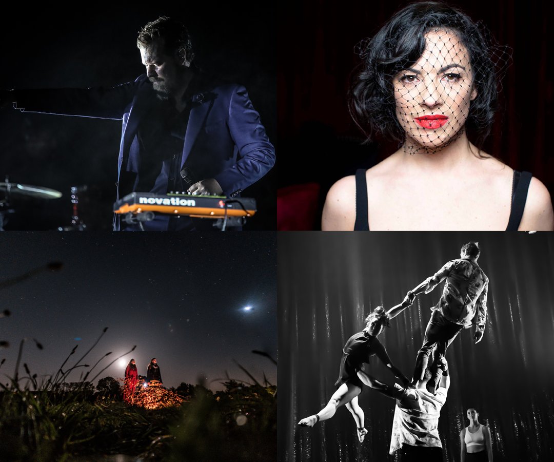 The image is divided into four, with each section depicting John Grant on stage, Camille O'Sullivan against a black background, two figures silhouetted against a starry night sky and the Gravity & Other Myths acrobats performing a daring trick. 