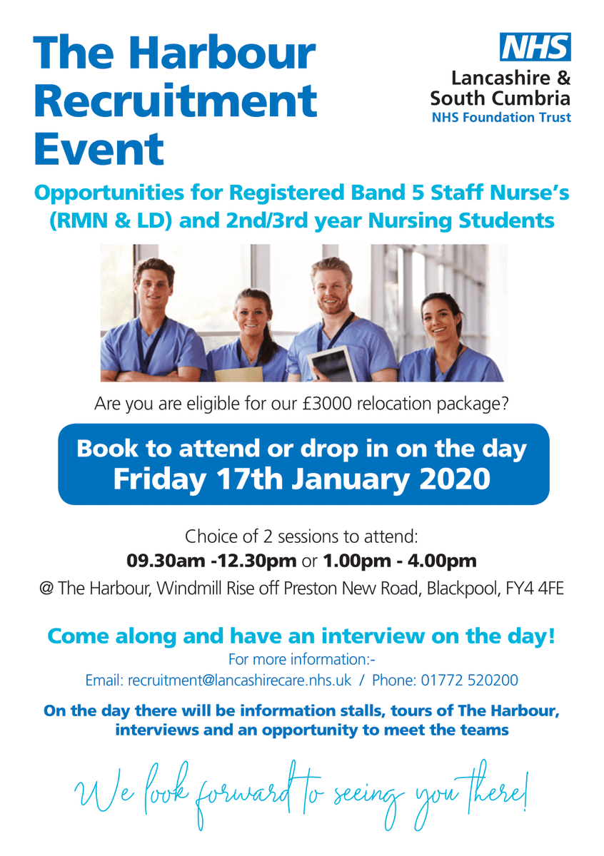 👩‍⚕️👨‍⚕️ WE'RE HIRING! Come along to the Harbour Recruitment Event on Friday 17th January. We have opportunities for Registered Band 5 Staff Nurses's (RMN &amp; LD) and 2nd/3rd year nursing students! See below for more info and click here to apply jobs.lancashirecare.nhs.uk/job/v2133320 💪