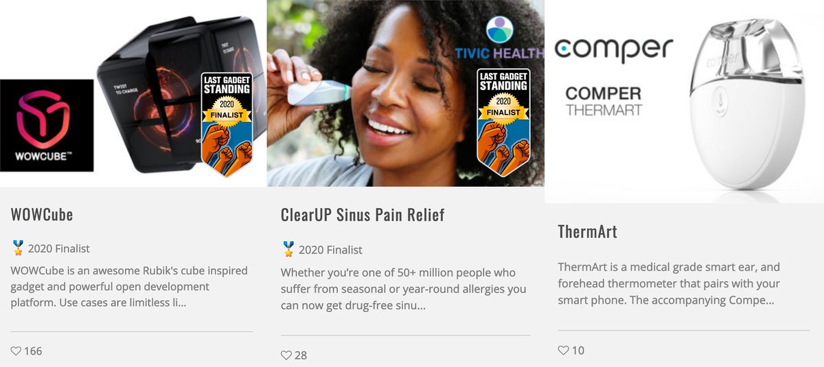 Have you seen ONLINE #PeoplesChoiceAward? The #CES2020 #Winners for #LastGadget are #WowCube, @TivicHealth ClearUP &amp; #ThermArt 🥳

Congratulation to both the LIVE and ONLINE winners 🥳 👏 Be sure to stop by their booths on the show floor today! 

lastgadgetstanding.com/2020-entries/