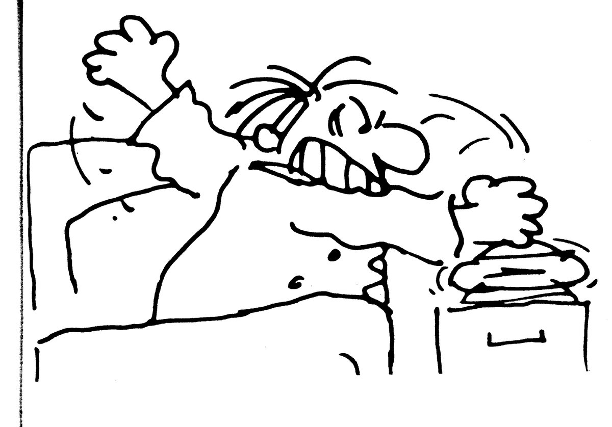 Line drawing from 'Skyrider' animation of a man bashing his alarm clock