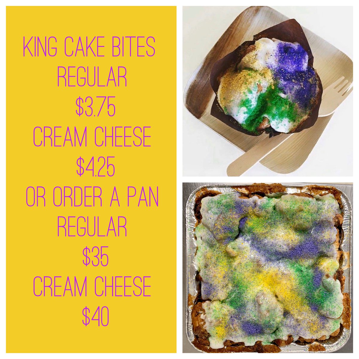 LittleCakes1's tweet photo. Our version of the king cake is back at Little Cakes. #kingcakebites #regular #creamcheese #MardiGras #Friday #weekend https://t.co/sFU7Zy6I1P