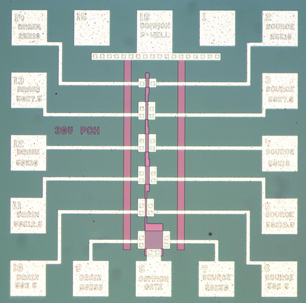 Test circuitry on the die with transistors of various sizes. Labeled "30V PCH". Multiple pads for source, gate, and drain.