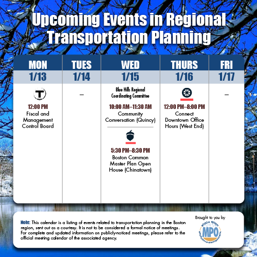 Next week! Blue Hills RCC Community Convo, @BostonParksDept Common Master Plan Open House, @BostonBTD Connect Downtown Office Hours. Tuesday we're at @NeponsetTMA Suburban Mobility Working Group, we missed including it in the calendar graphic but info here buff.ly/37RiABM