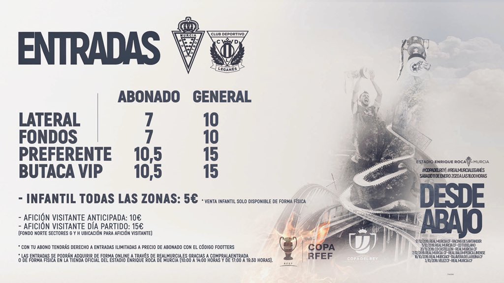 realmurciacfsad's tweet photo. / #CopaDelRey / VENTA DE ENTRADAS.
- HOY: hasta las 19:30 en tienda oficial.
- MAÑANA DÍA DE PARTIDO: de 10:00 a 14:00 en tienda oficial junto a la #FANZONE  y a partir de las 14:00 en taquillas. https://t.co/sZIpUCIcQa