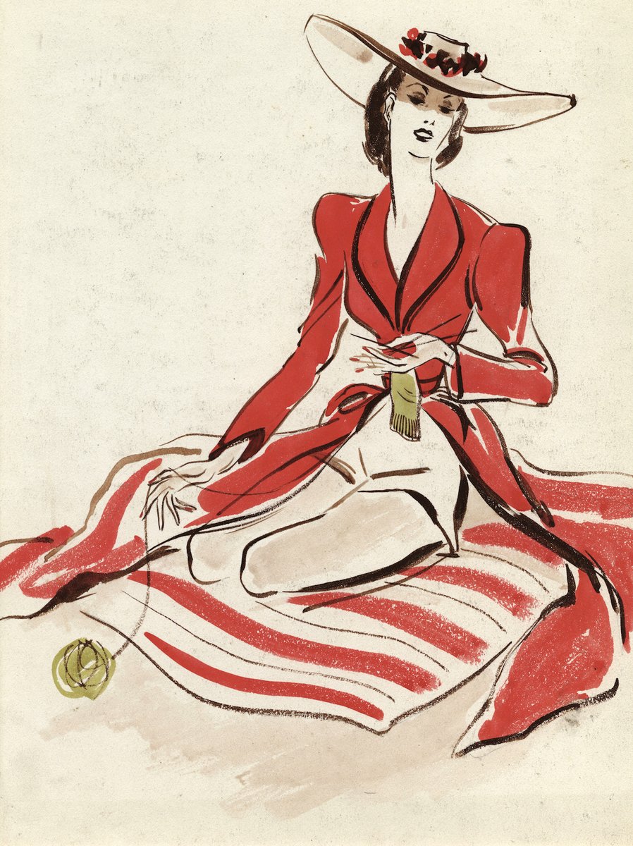 Vintage fashion illustration from 1939 of a woman in a red coat and hat knitting