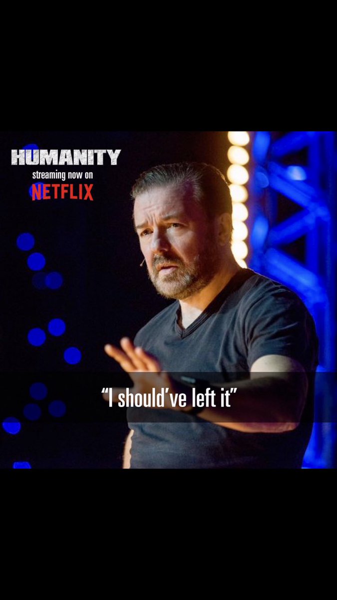 rickygervais's tweet photo. To my 500,000 new Twitter followers: If you liked my 10 minutes at The Golden Globes, then you might like my last Stand Up Special #Humanity on Netflix. https://t.co/BOIbK7YVbj