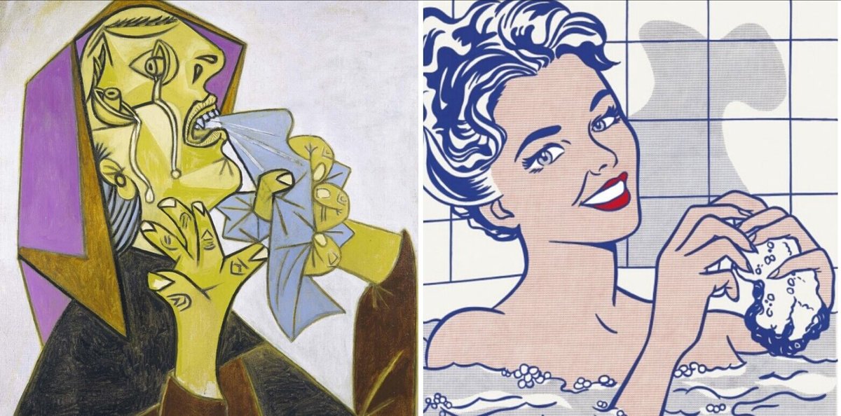 rafaelangelus's tweet photo. Parecidos razonables:

- Cabeza de mujer llorando. Pablo Picasso.
- Mujer en el baño. Roy Lichtenstein. https://t.co/gRo5tThphq