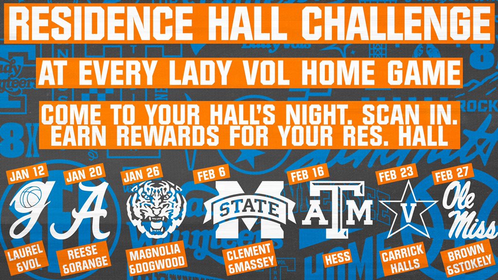 UTK_Housing's tweet photo. The Residence Hall Challenge is here!

Even though we think you should attend all of the Lady Vol games, each hall has a single game that will earn them points. The winning hall(s) earns rewards so make sure to attend your hall's night!

Come out and support the Lady Vols! https://t.co/ooNr9SEOS7