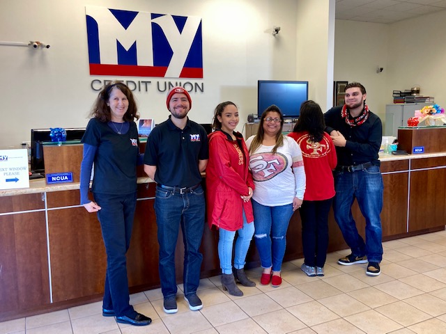 MycuCares's tweet photo. The MyCU Crew sporting their 49ers gear in support for tomorrow's playoff game. https://t.co/JbxdUO7A73