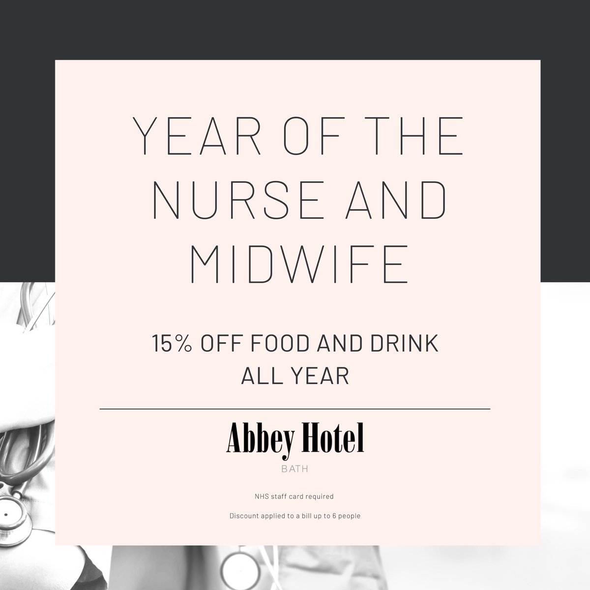 2020 is our chance to say thank you to every #nurse &amp; every #midwife. 

The Abbey Hotel would like to offer all the hard working nurses and midwives 15% off food and drink throughout the year. 

#YearoftheNurseandMidwife #OurNHSpeople #OurNurseMidwife2020
