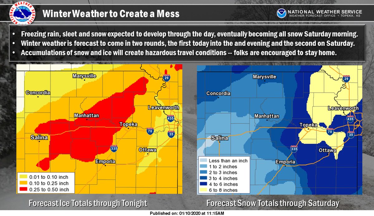 NWSTopeka's tweet photo. 11 AM Update: Winter storm brings snow and ice to the region today through Saturday. Avoid traveling unless it is necessary. #kswx https://t.co/255fCLUbim