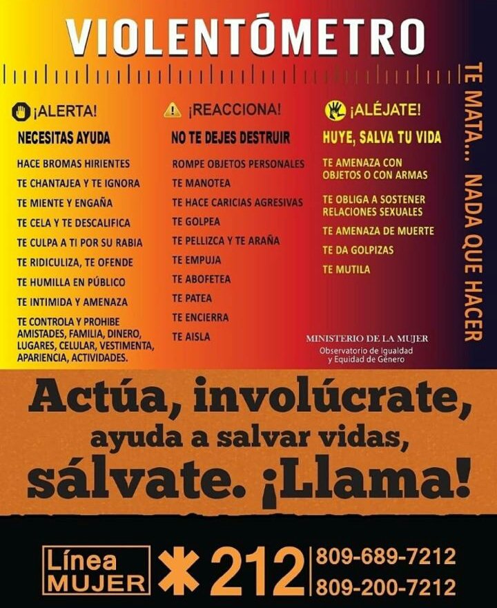 MMujerRD's tweet photo. Si tienes dudas si una persona es violenta o no, recuerda que existe el violentómetro, una herramienta que permite detectar de manera fácil las señales de que estás ante una situación de violencia . ¡Actúa, involúcrate, ayuda a salvar vidas, sálvate y llama al *212!
#MMujerRD https://t.co/4SAgohKPaf