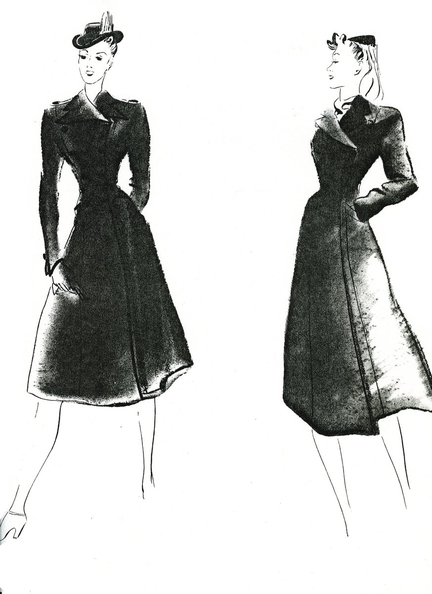 Vintage fashion illustrations from Vogue magazine of a woman in a black trench coat, drawn face on and from the side