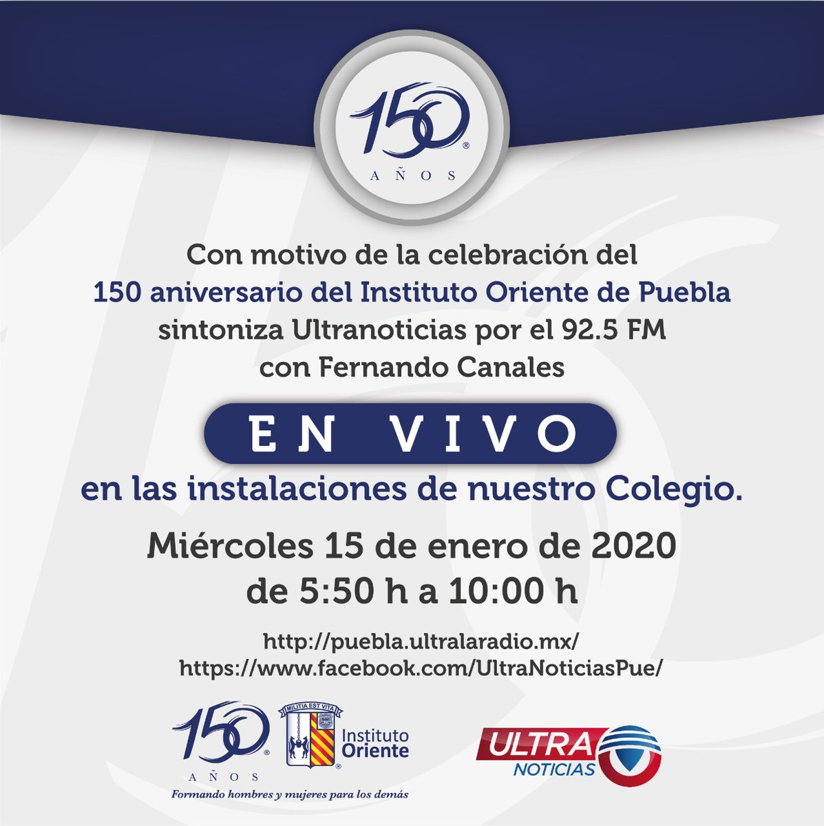 ¡CELEBREMOS JUNTOS 150 AÑOS DE NUESTRO INSTITUTO ORIENTE!

Te invitamos a sintonizar la transmisión en vivo de <a href="/Ultrapuebla/">Ultra Noticias Puebla</a> con <a href="/FerCanalesF/">Fernando Canales F</a>, desde el lobby del Colegio, a partir de las 5:50 am.

#150AñosOriente