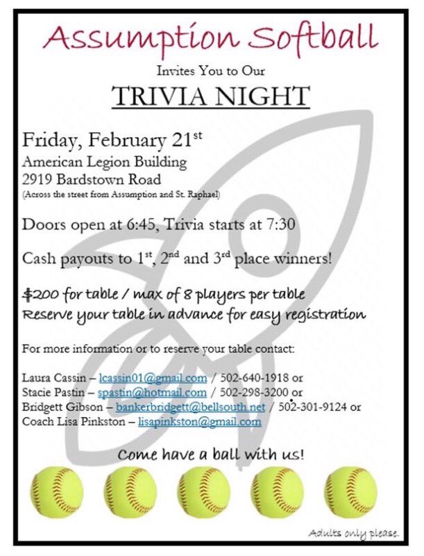 Are you smarter than an Assumption High School Softball Player? Join us Friday, February 21st and win big! 🤓🥎🚀