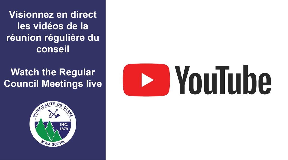 Saviez-vous que <a href="/ClareMunicipal/">ClareMunicipality</a> diffuse ses réunions régulières du conseil en direct sur YouTube? Écoutez nos réunions régulières du conseil le troisième mercredi de chaque mois à 19 h ou accédez aux archives de nos réunions télévisées précédentes : youtube.com/channel/UCqiG4…
