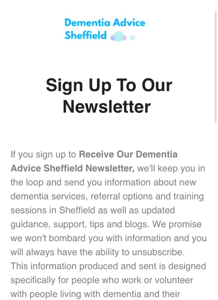 dementiaadshef's tweet photo. You can now sign up to our newsletter to stay up to date with everything you need to know about dementia care, support and advice for professionals and volunteers in the Sheffield area. just click the link! 💌 https://t.co/bakDpHPyzm #sheffieldissuper #dementia #dementiasheff https://t.co/wVwOlY41Fr
