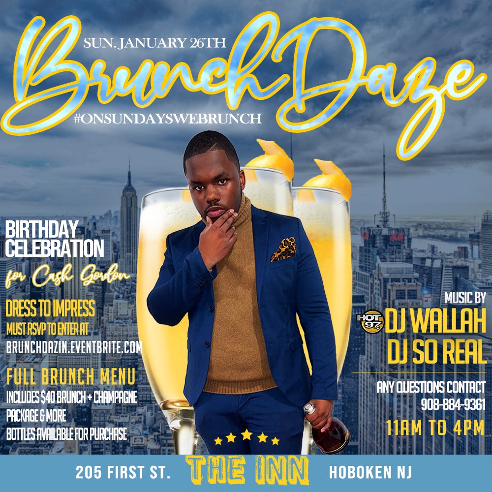 1cashgordon's tweet photo. #OnSundaysWeBrunch 🥂
Meet me at The Inn let’s toast to more life 🙏🏾 #22Years
FREE ENTRY w/ RSVP 🔥
Full Brunch Menu including crazy steals like $40 for Meal & Champagne Bottle‼️
DJ WALLAH | DJ SOREAL
January 26th
https://t.co/s6giJDHzgU
•
•
•
#CashGordonWeekend #MoreLife https://t.co/8PhCyVWwPO