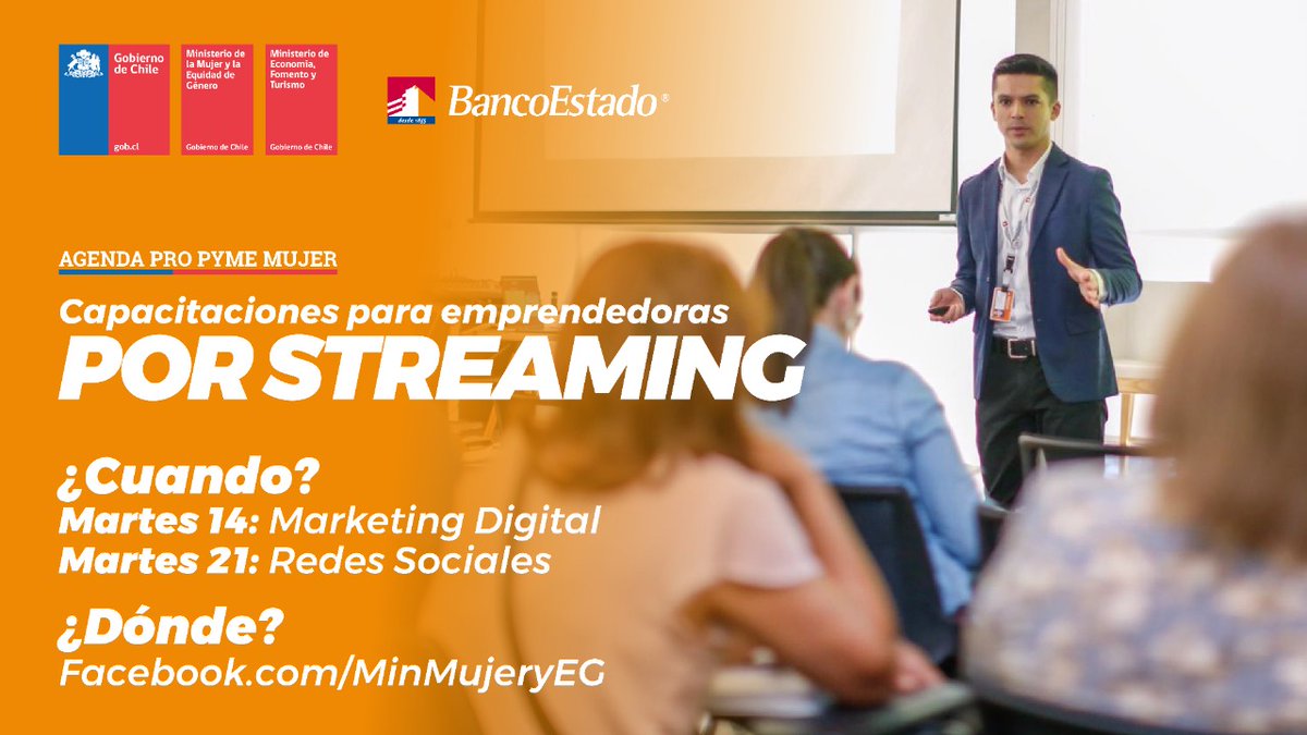 ¡ATENCIÓN! 🙋‍♀
Para que las emprendedoras de TODO Chile sean beneficiadas por la #AgendaProPymeMujer, este Martes 14 y 21 de enero, a las 9AM, transmitiremos las capacitaciones de <a href="/BancoEstado/">BancoEstado</a> ¡Vía streaming! 
➡ ¿Dónde? A través de nuestro Facebook bit.ly/2t1pmpH