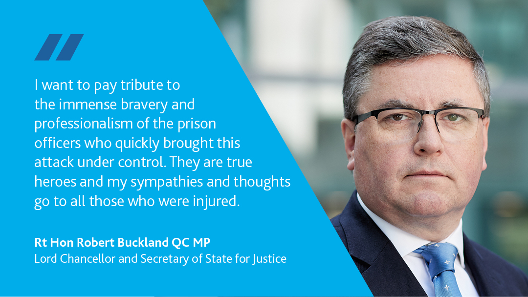 MoJGovUK's tweet photo. “I want to pay tribute to the immense bravery and professionalism of the prison officers who quickly brought this attack under control.”

- @RobertBuckland on yesterday’s attack @HMPWhitemoor. https://t.co/nao263kT8l