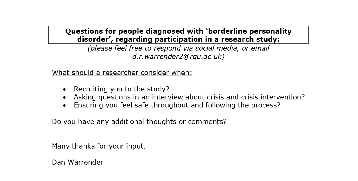 dan_warrender's tweet photo. Later this year I'm hoping to do a study on experiences of crisis and crisis intervention for people diagnosed with #borderlinepersonalitydisorder.  I'm seeking the views of people with the diagnosis to inform how I carry out my study ethically.  Please share.  #BPD #BPDChat https://t.co/hgal0liJiJ