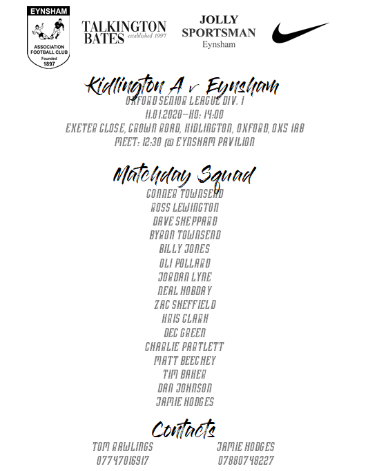 eynshamfc's tweet photo. We are away at @KAFCOfficial tomorrow.

🕒 14:00 Kick Off
📍Exeter Close, Crown Road, Kidlington, Oxford, OX5 1AB
🏆 @OxfordshireU Div 1

Heres the squad.. https://t.co/mVWmpbLhel