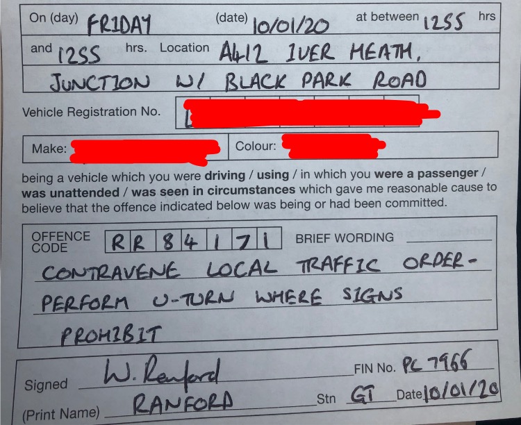 TVP_ChiltSBucks's tweet photo. #IverNHPT heading back to base, observed a vehicle perform a U-turn on the A412 at the Black Park Road junction. A reminder: U-turns at this junction have been banned due to multiple and tragic accidents. Signage has been in place for some time. £50 penalty ticket issued. #P7966 https://t.co/2MDZDCF3Py
