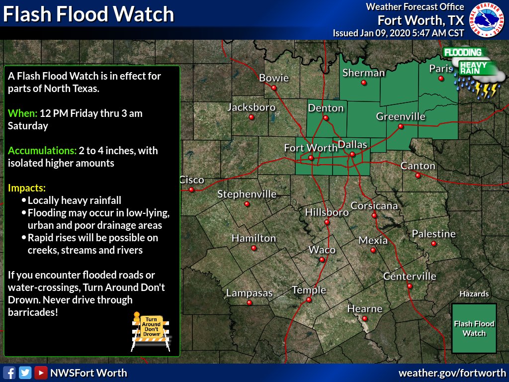 Thunderstorms are expected to develop between 2 and 4 PM and move into East Texas tonight. Some storms will be severe with large hail, damaging winds, and a few tornadoes. Heavy rain and flash flooding will be possible tonight. Stay weather aware today! #txwx #dfwwx #ctxwx