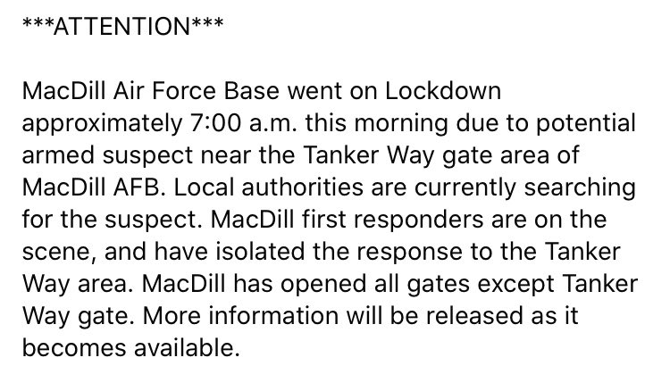MacDill_AFB's tweet image. *LOCKDOWN HAS BEEN LIFTED*
Please reference our Facebook page for updates - we will continue to update information as soon as possible. m.facebook.com/MacDillAirForc…