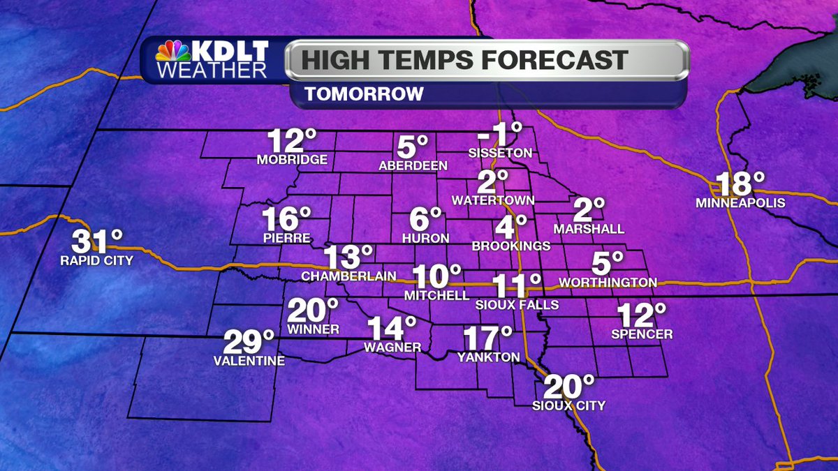 Snow will come to an end early this afternoon. Temperatures will be falling through the day. Tomorrow will be even colder for some with some places not even making it above zero. #sdwx #mnwx #iawx #newx