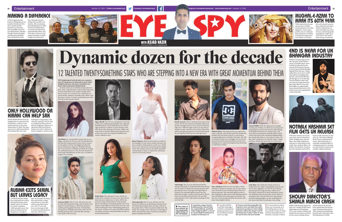 My second newspaper column of 2020 has the 12 YOUNG INDIAN STARS IN THEIR TWENTIES TO WATCH in the decade ahead. 🔥
#AliaBhatt #ArmaanMalik #TigerShroff #HellyShah #JhanviKapoor #ShivangiJoshi #AshiSingh #AsimRiaz #MohsinKhan #SaraAliKhan 
ONLINE LINK: easterneye.biz/dynamic-dozen-…