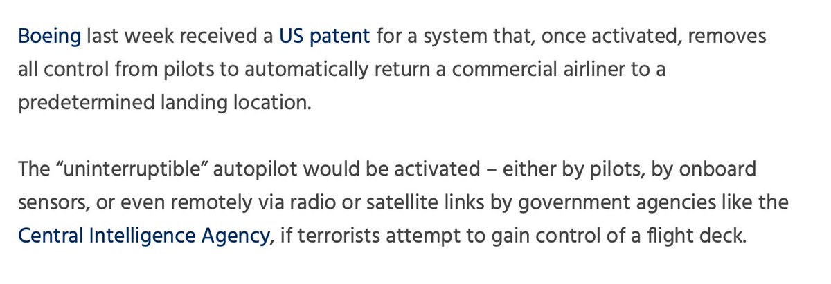 cordeliers's tweet photo. Boeing's “uninterruptible” autopilot "would be activated ... remotely via radio or satellite links by government agencies like the Central Intelligence Agency." https://t.co/7ywbLEyEE0 https://t.co/wW95r8y4hj