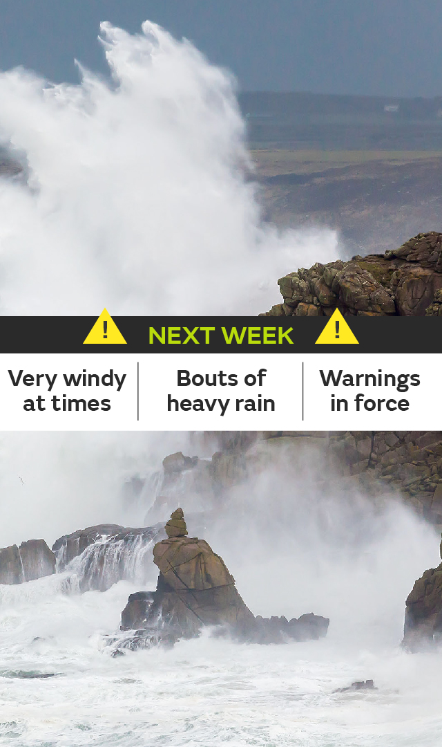 metoffice's tweet photo. Saturday = 🌬️☔️⚠️
Sunday = ⛅️
Next week = 🌬️⚠️ https://t.co/fneNKwpD0S