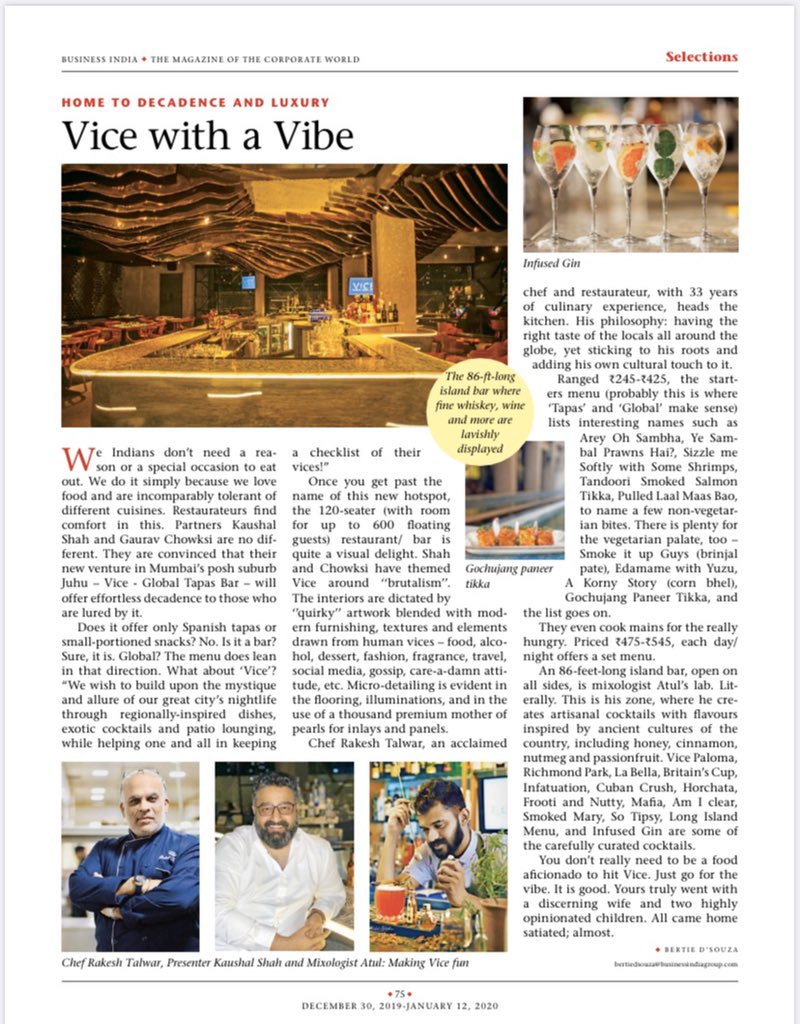 vicetapasbar's tweet photo. You’ve got a new and bigger place, right in Juhu to vibe with your vices.
Thank you @_Business_India for the feature! 
.
.
#businessindia #feature #corporateworld #business #knowyourvice #lifestyle #nightlife #food #drinks #vibe #vice https://t.co/Aq4AKreNVj
