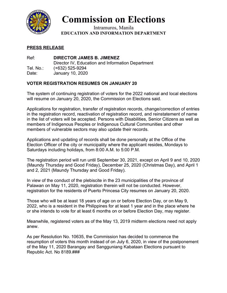 astudillo_shebz's tweet photo. Resumption of Voters Registration starts on January 20, 2020
#AlamNaThis https://t.co/HHyFMDsEcQ