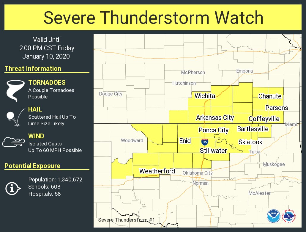 A severe thunderstorm watch has been issued for parts of Kansas and Oklahoma until 2 PM CST